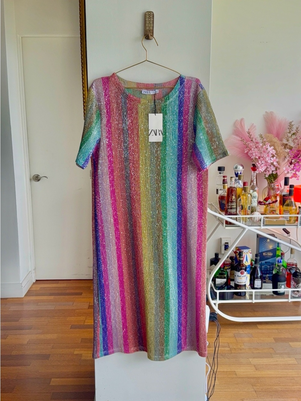 Zara Sequin Rainbow Stripe Dress - Pink, Purple, Blue, Green, Yellow